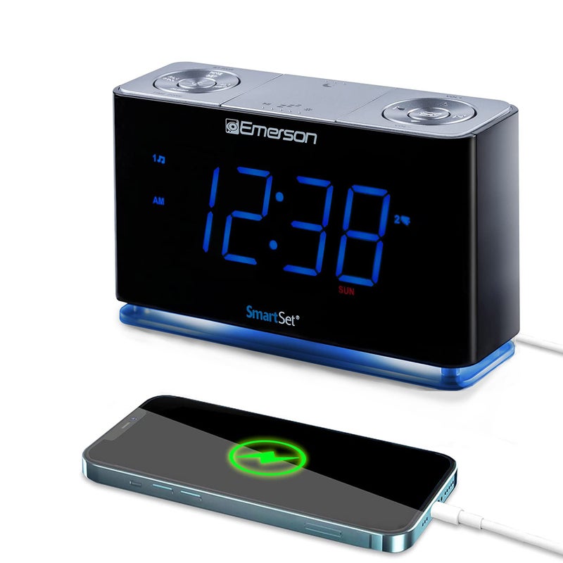 Emerson CKS1507 Smartset Radio Alarm Clock, 1.4" Blue LED Digital Display, USB Charging Port, Brightness Dimmer Controls, Bluetooth Connectivity, Set Alarm to Radio, Music, or Buzzer, Black - Image 1